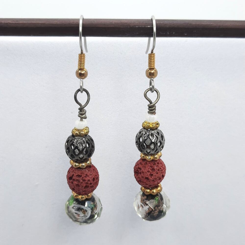 Essential Oil Diffuser Earrings Red Lava Rock Textured Metal Triple Beaded Drop